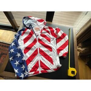 Vintage USA Flag Windbreaker Jacket Hooded Patriotic Red White Blue Festival